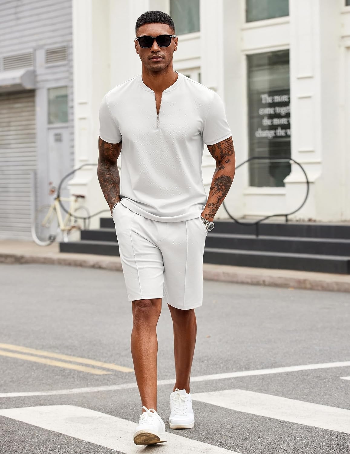 image:imageCOOFANDY Mens 2 Piece Set Short Sleeve Polo Shirt and Shorts Summer Suits Short Sleeve 14 Zip Polo Top Drawstring Shorts Pockets Sportwear Casual Fashion Vacation Beach Travel StreetwearWhite
