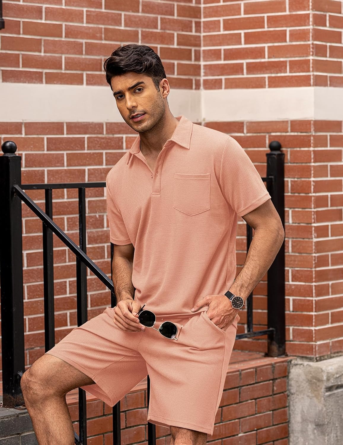 image:imageCOOFANDY Mens 2 Pieces Outfits Waffle Knit Polo Shirt and Shorts Set Short Set Matching Set Clothing Sets Casual Athletic Jogging Summer Tracksuit with Pockets Vacation OutfitsPink