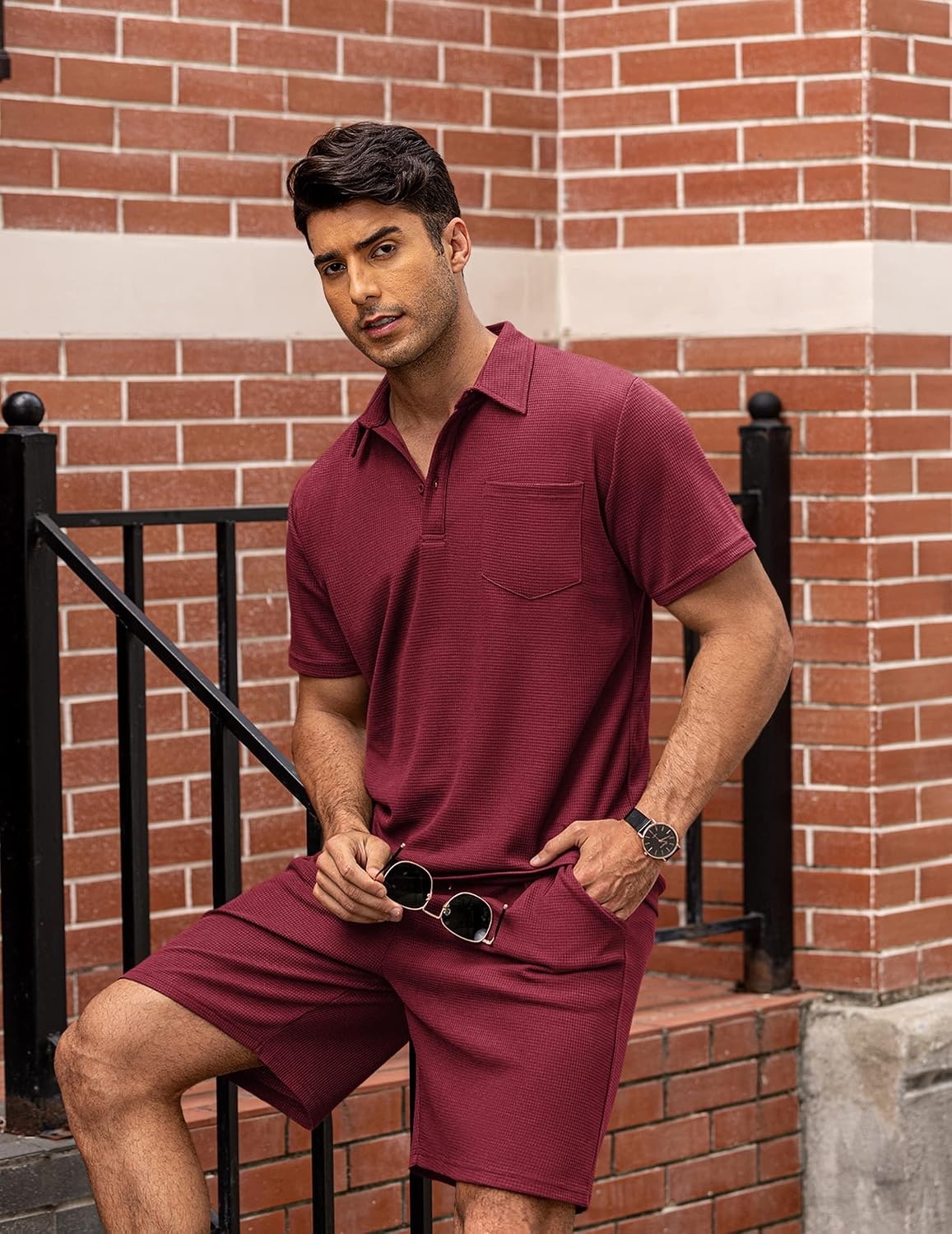 image:imageCOOFANDY Mens 2 Pieces Outfits Waffle Knit Polo Shirt and Shorts Set Short Set Matching Set Clothing Sets Casual Athletic Jogging Summer Tracksuit with Pockets Vacation OutfitsWine Red