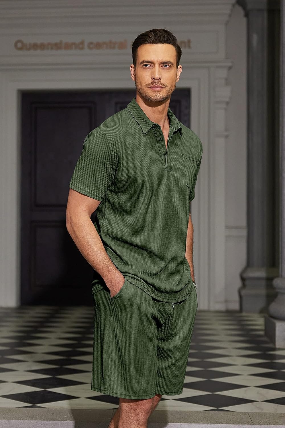 image:imageCOOFANDY Mens 2 Pieces Outfits Waffle Knit Polo Shirt and Shorts Set Short Set Matching Set Clothing Sets Casual Athletic Jogging Summer Tracksuit with Pockets Vacation OutfitsArmy Green