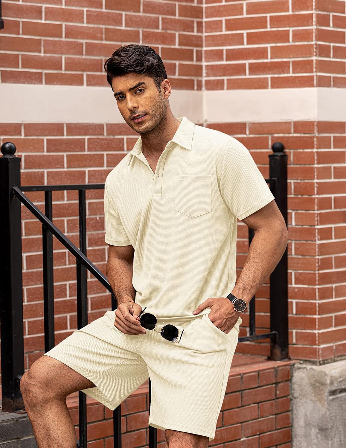 image:imageCOOFANDY Mens 2 Pieces Outfits Waffle Knit Polo Shirt and Shorts Set Short Set Matching Set Clothing Sets Casual Athletic Jogging Summer Tracksuit with Pockets Vacation OutfitsBeige