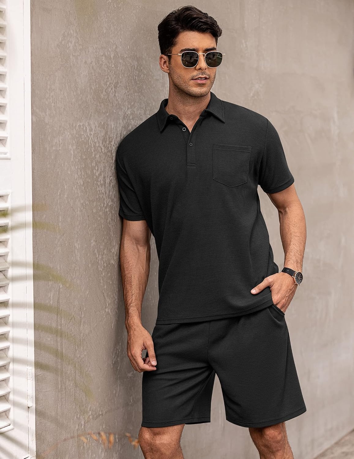 image:imageCOOFANDY Mens 2 Pieces Outfits Waffle Knit Polo Shirt and Shorts Set Short Set Matching Set Clothing Sets Casual Athletic Jogging Summer Tracksuit with Pockets Vacation OutfitsBlack