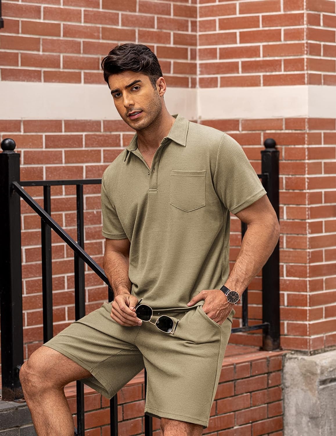 image:imageCOOFANDY Mens 2 Pieces Outfits Waffle Knit Polo Shirt and Shorts Set Short Set Matching Set Clothing Sets Casual Athletic Jogging Summer Tracksuit with Pockets Vacation OutfitsKhaki