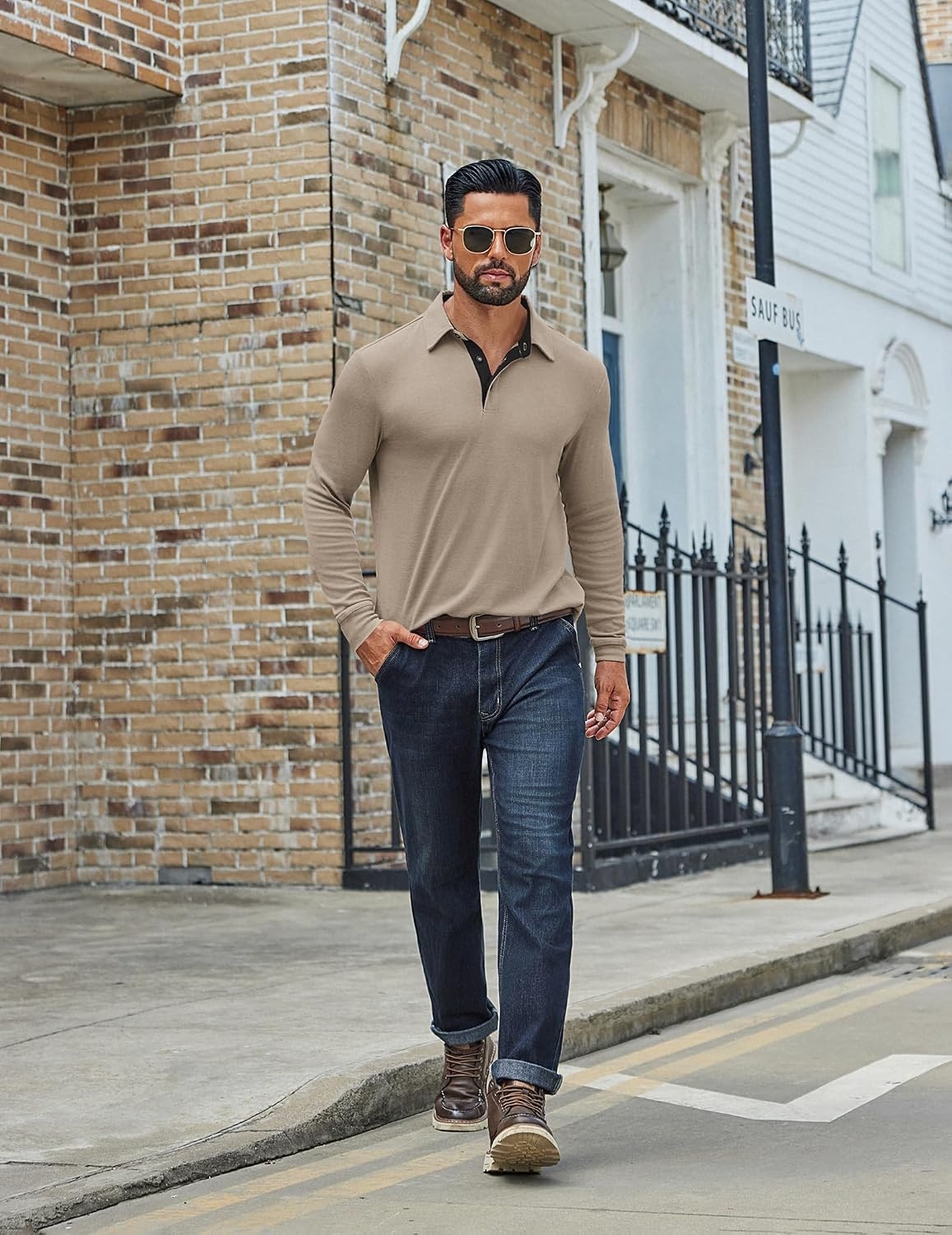 image:imageCOOFANDY Mens Long Sleeve Polo Shirts Classic CasualButton Collared PoloTeeKhaki