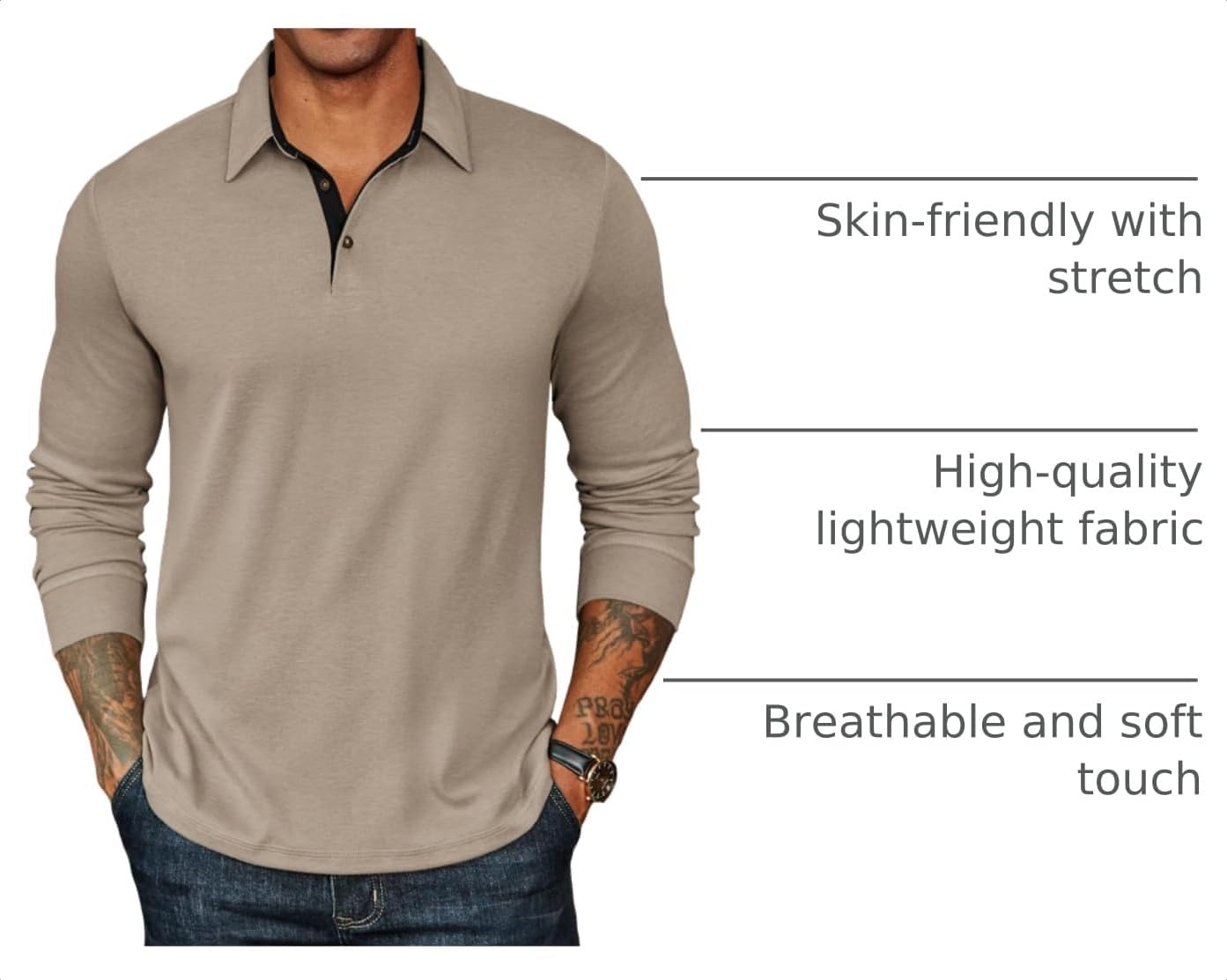 image:imageCOOFANDY Mens Long Sleeve Polo Shirts Classic CasualButton Collared PoloTeeKhaki