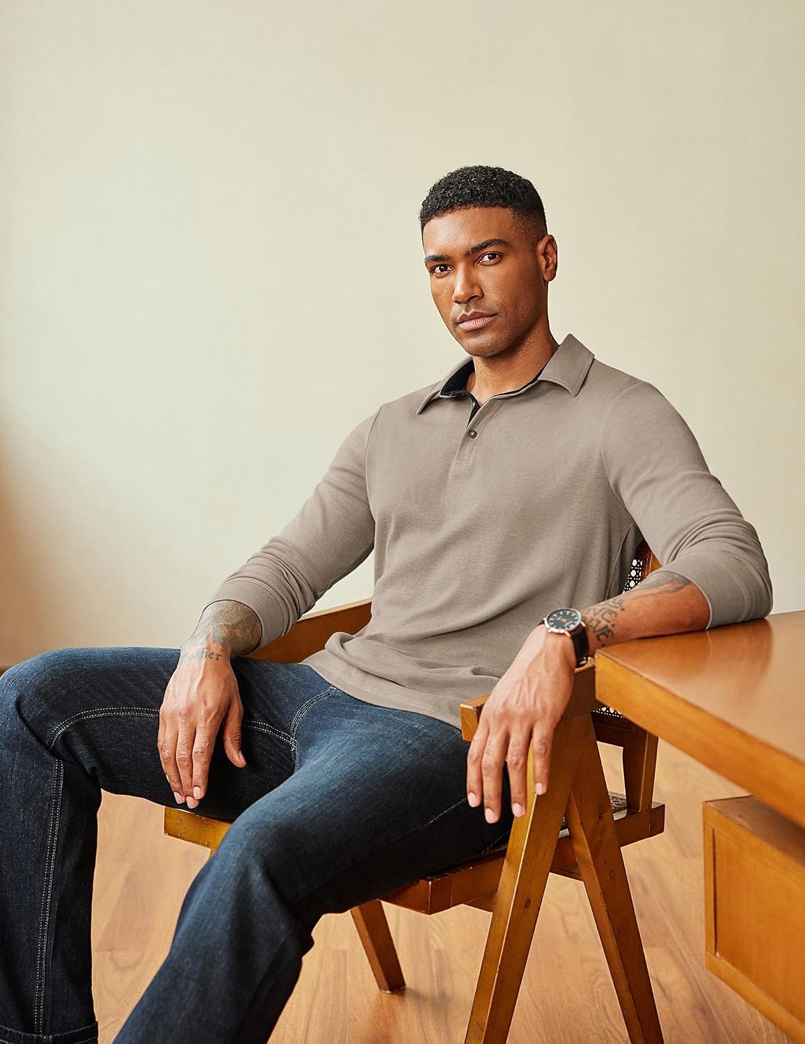 image:imageCOOFANDY Mens Long Sleeve Polo Shirts Classic CasualButton Collared PoloTeeKhaki