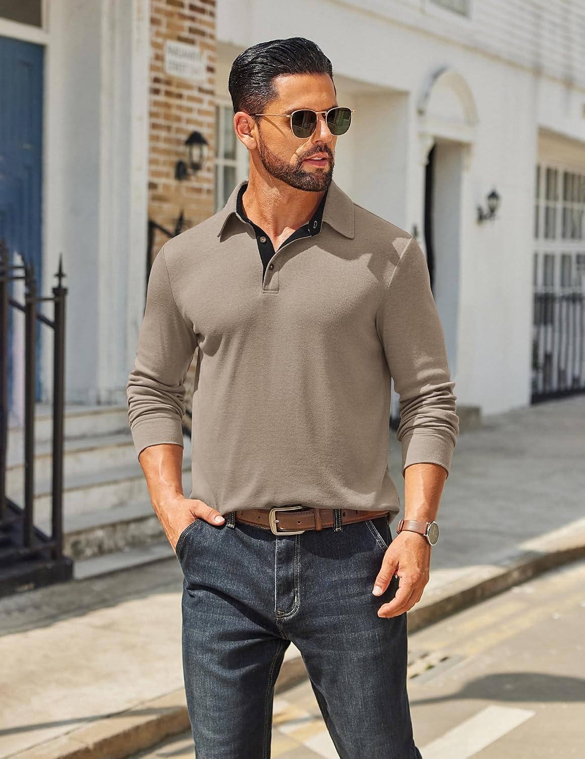 image:imageCOOFANDY Mens Long Sleeve Polo Shirts Classic CasualButton Collared PoloTeeKhaki