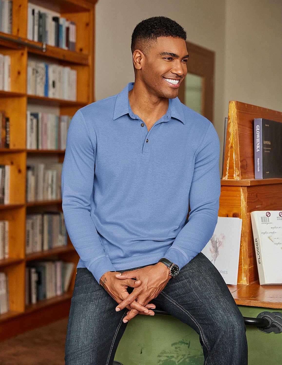 image:imageCOOFANDY Mens Long Sleeve Polo Shirts Classic CasualButton Collared PoloTeeLight Blue