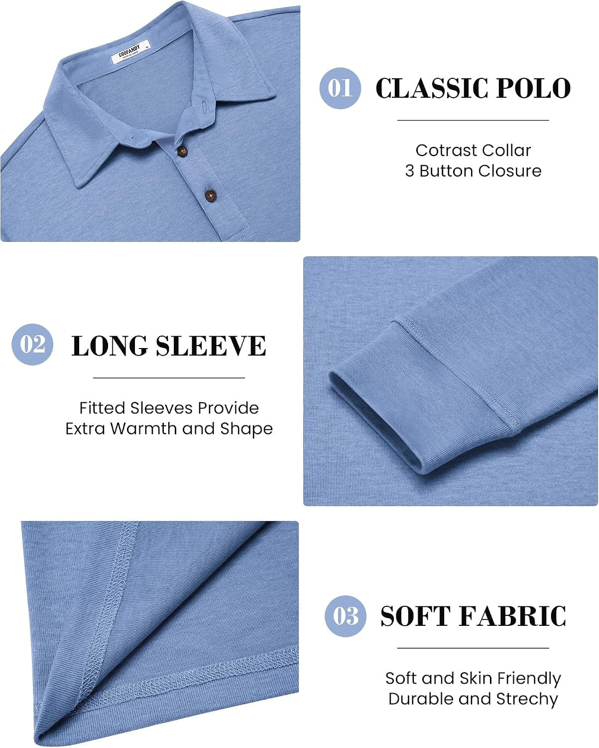 image:imageCOOFANDY Mens Long Sleeve Polo Shirts Classic CasualButton Collared PoloTeeLight Blue