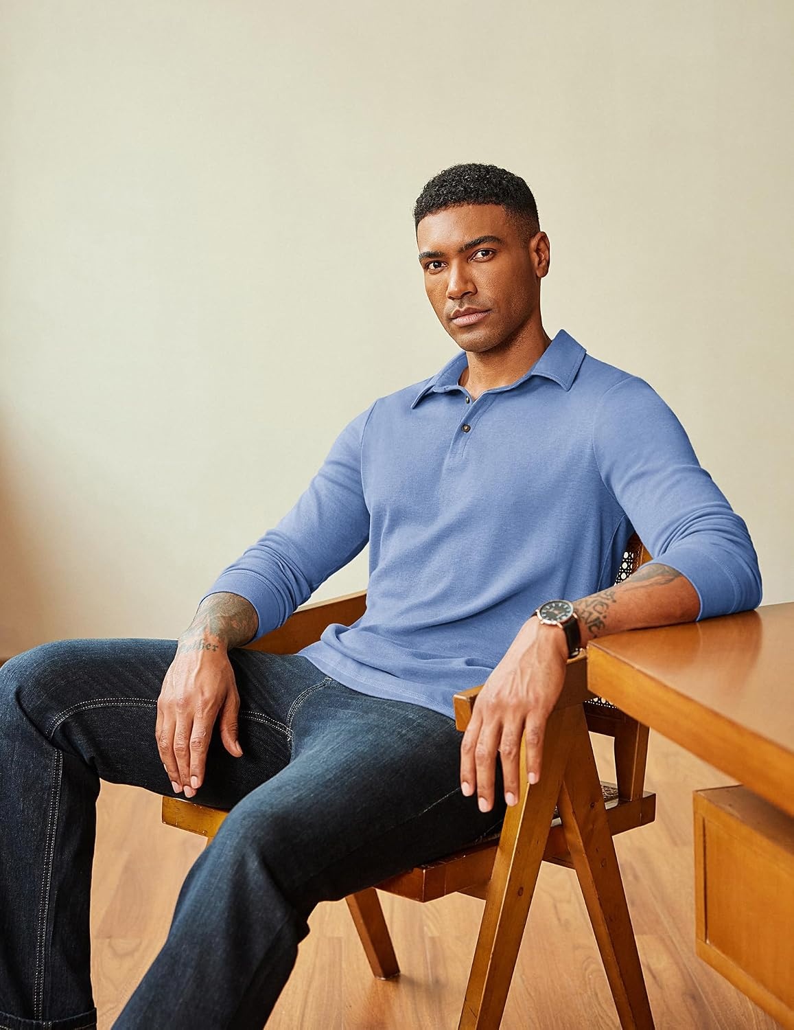 image:imageCOOFANDY Mens Long Sleeve Polo Shirts Classic CasualButton Collared PoloTeeLight Blue