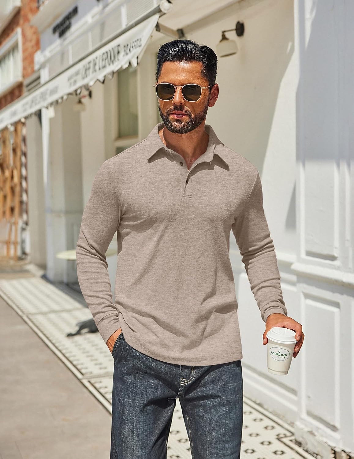 image:imageCOOFANDY Mens Long Sleeve Polo Shirts Classic CasualButton Collared PoloTeeLight Khaki