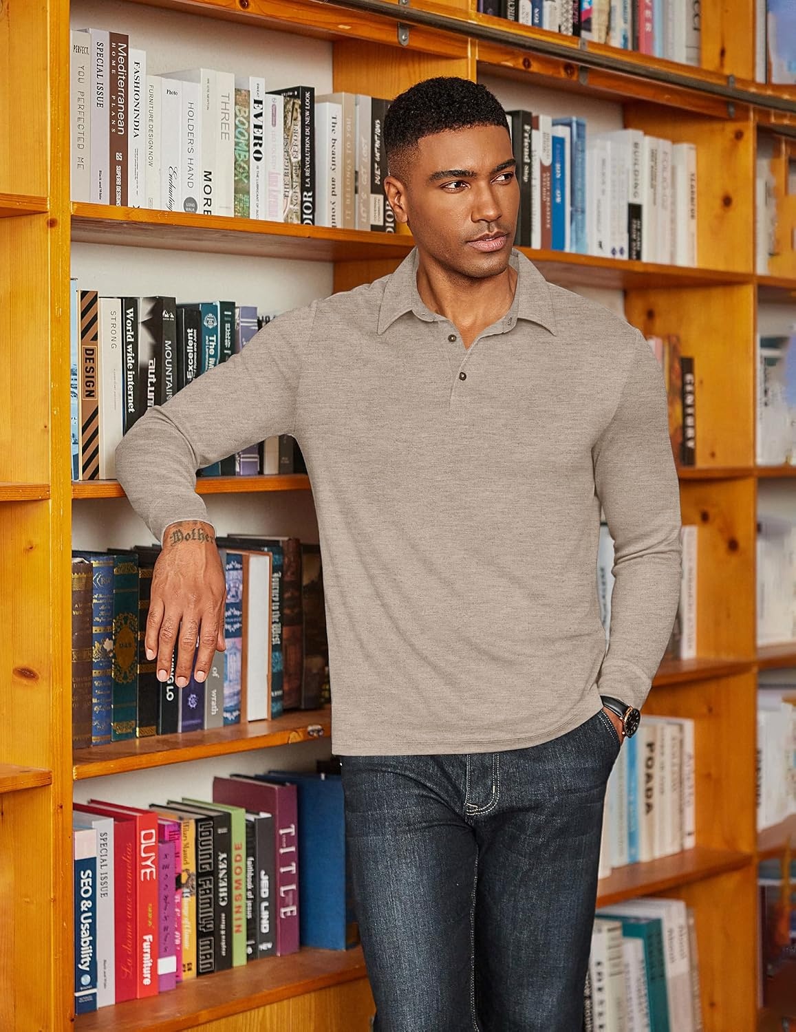 image:imageCOOFANDY Mens Long Sleeve Polo Shirts Classic CasualButton Collared PoloTeeLight Khaki
