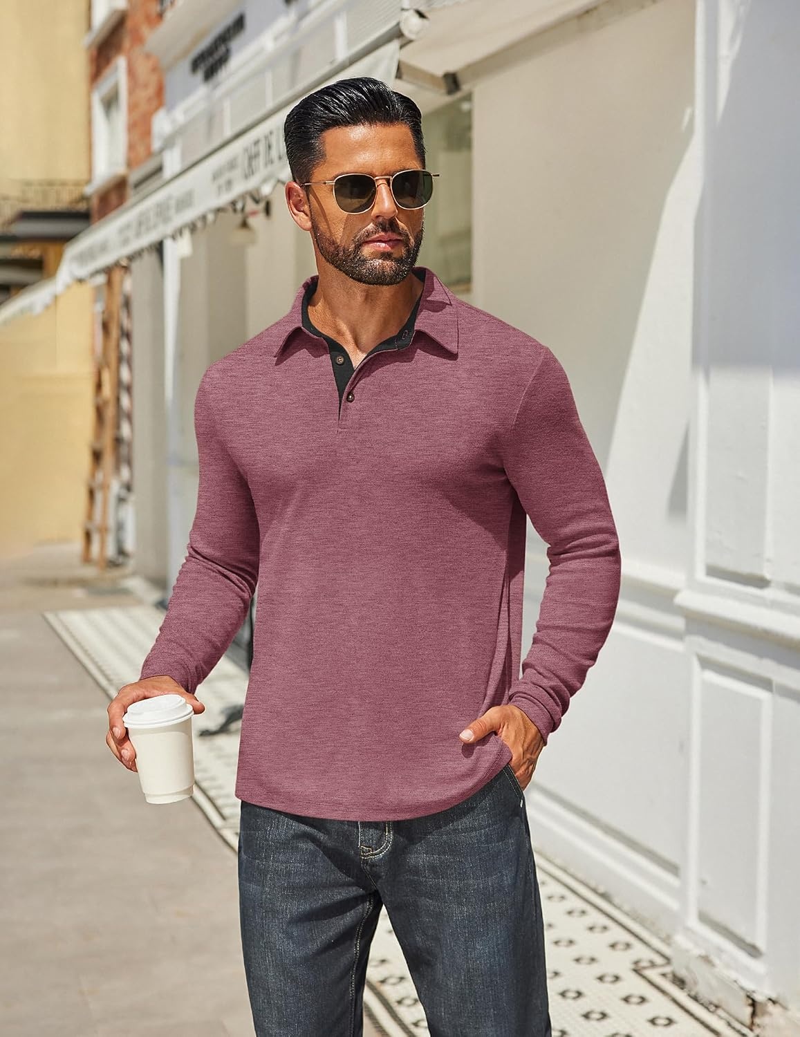 image:imageCOOFANDY Mens Long Sleeve Polo Shirts Classic CasualButton Collared PoloTeeWine Red