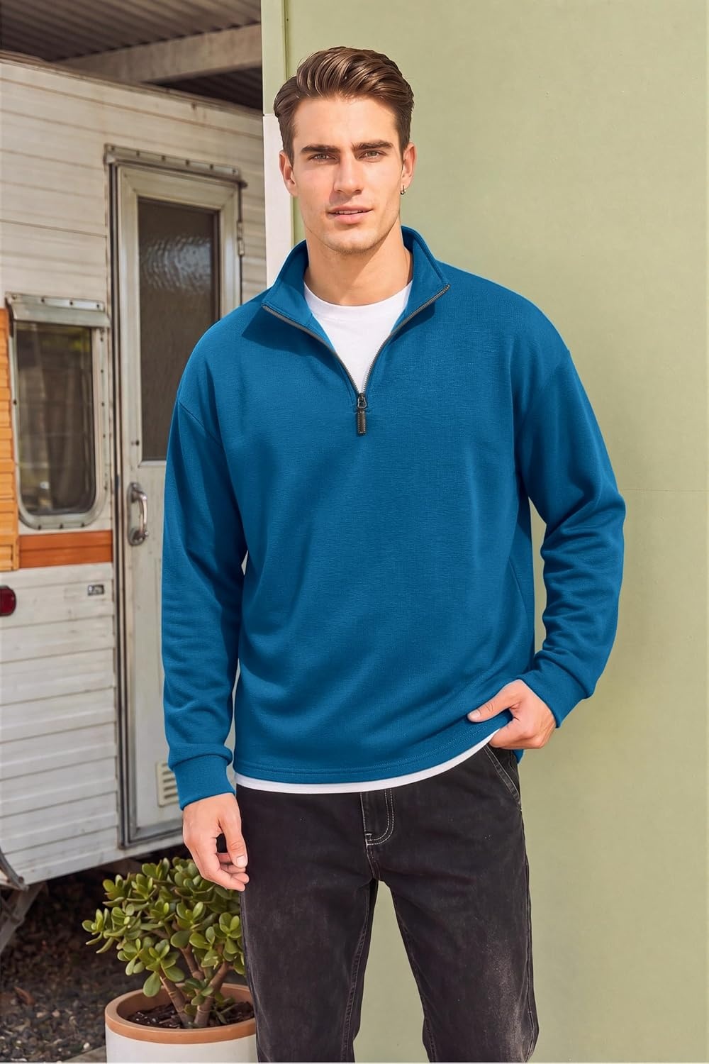 image:imageCOOFANDY Mens Quarter Zip Pullover FleeceLined Mock Neck Sweatshirt Casual Adjustable 14 Zip Mock Neck Long Sleeve Solid Color Breathable Warm Layering Friendly Ideal For Golf Daily WearRoyal Blue
