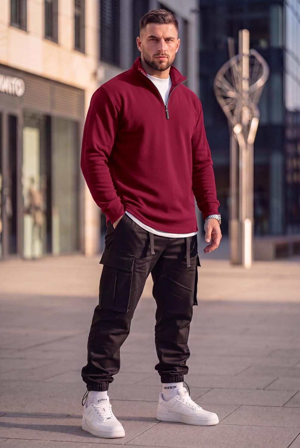 image:imageCOOFANDY Mens Quarter Zip Pullover FleeceLined Mock Neck Sweatshirt Casual Adjustable 14 Zip Mock Neck Long Sleeve Solid Color Breathable Warm Layering Friendly Ideal For Golf Daily WearWine Red