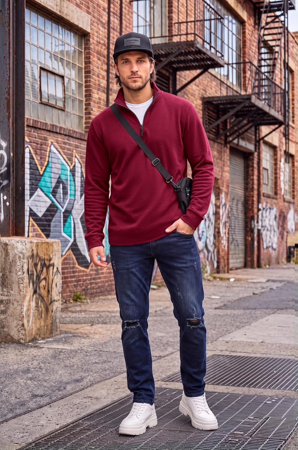 image:imageCOOFANDY Mens Quarter Zip Pullover FleeceLined Mock Neck Sweatshirt Casual Adjustable 14 Zip Mock Neck Long Sleeve Solid Color Breathable Warm Layering Friendly Ideal For Golf Daily WearWine Red
