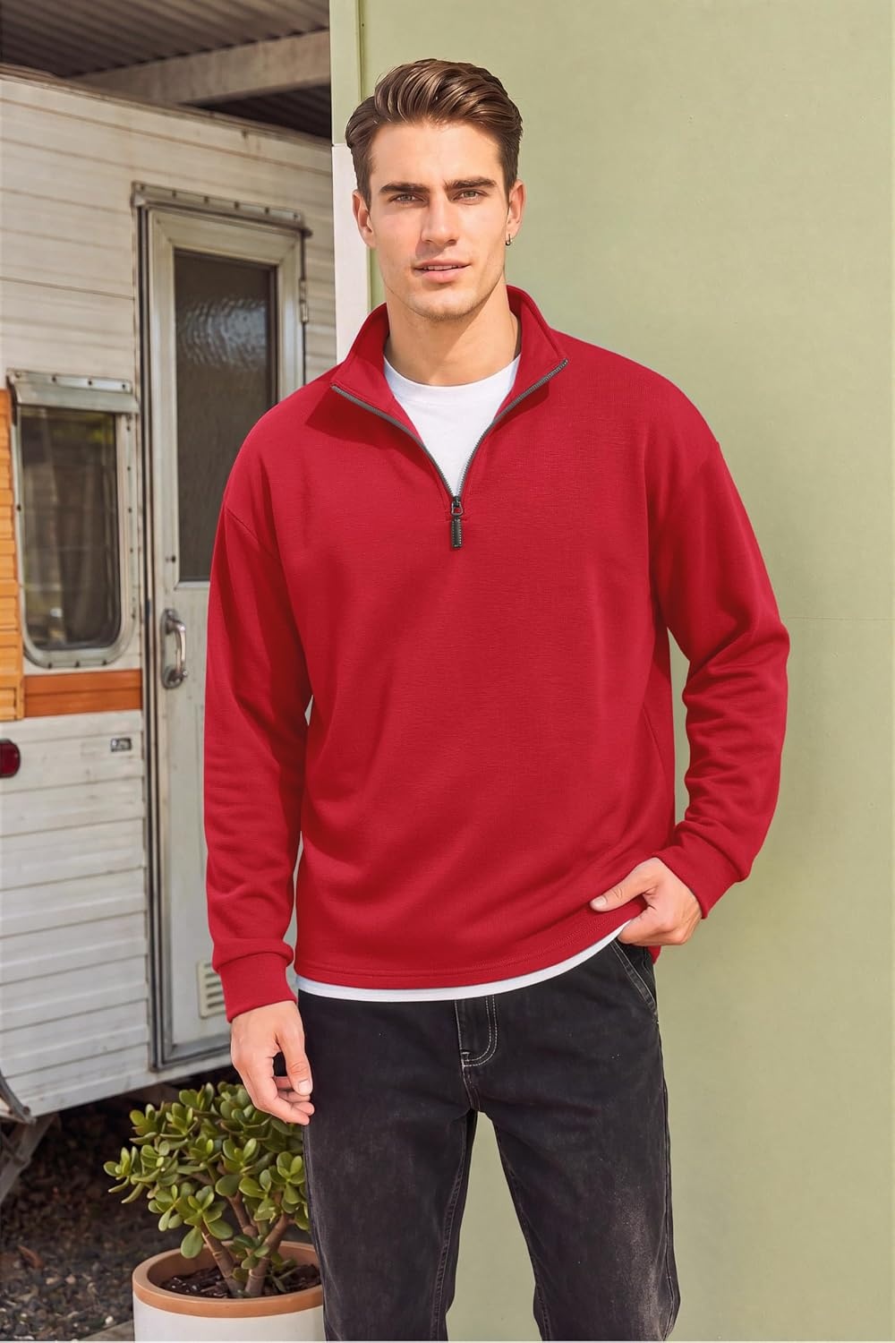 image:imageCOOFANDY Mens Quarter Zip Pullover FleeceLined Mock Neck Sweatshirt Casual Adjustable 14 Zip Mock Neck Long Sleeve Solid Color Breathable Warm Layering Friendly Ideal For Golf Daily WearRed