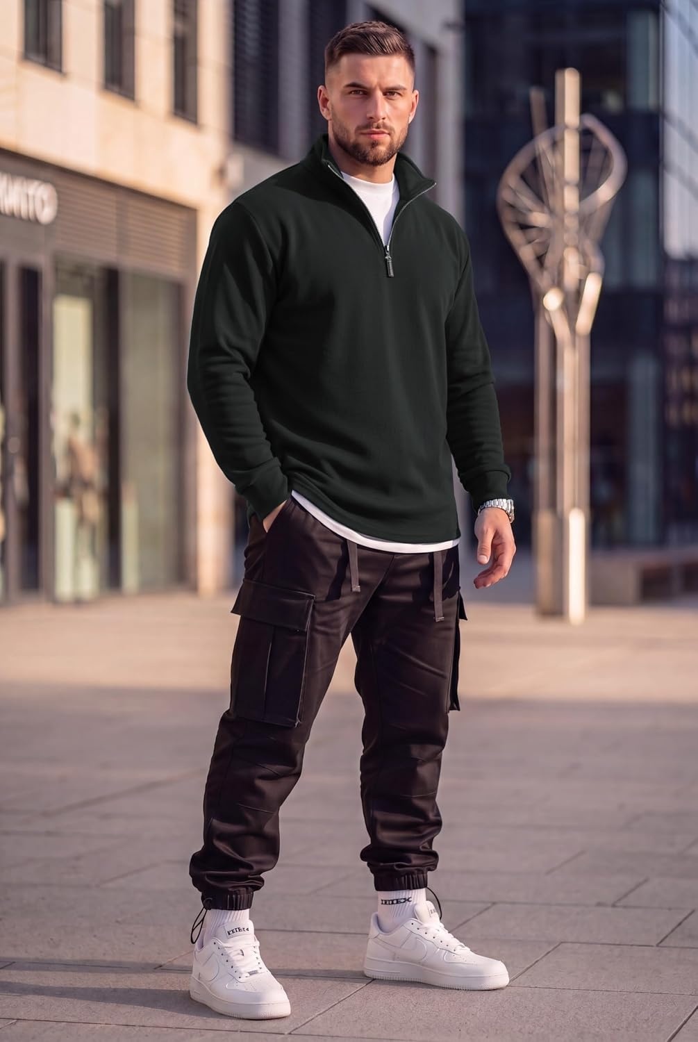image:imageCOOFANDY Mens Quarter Zip Pullover FleeceLined Mock Neck Sweatshirt Casual Adjustable 14 Zip Mock Neck Long Sleeve Solid Color Breathable Warm Layering Friendly Ideal For Golf Daily WearAll Black