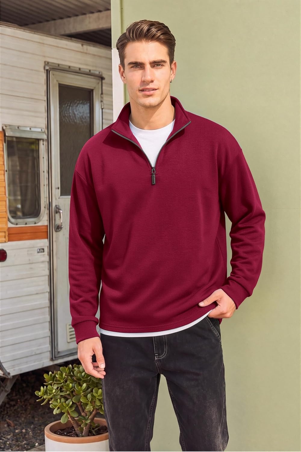 image:imageCOOFANDY Mens Quarter Zip Pullover FleeceLined Mock Neck Sweatshirt Casual Adjustable 14 Zip Mock Neck Long Sleeve Solid Color Breathable Warm Layering Friendly Ideal For Golf Daily WearWine Red