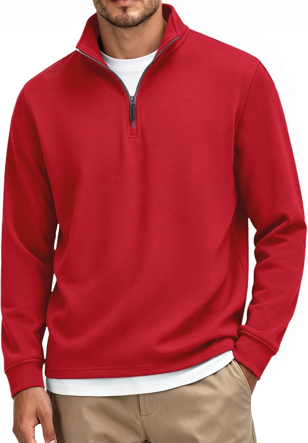 image:imageCOOFANDY Mens Quarter Zip Pullover FleeceLined Mock Neck Sweatshirt Casual Adjustable 14 Zip Mock Neck Long Sleeve Solid Color Breathable Warm Layering Friendly Ideal For Golf Daily WearRed