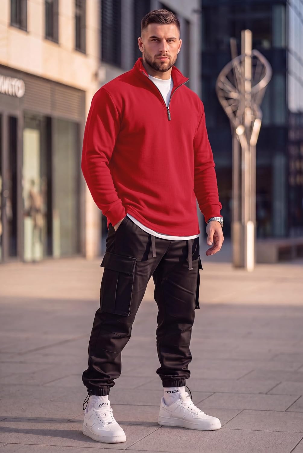 image:imageCOOFANDY Mens Quarter Zip Pullover FleeceLined Mock Neck Sweatshirt Casual Adjustable 14 Zip Mock Neck Long Sleeve Solid Color Breathable Warm Layering Friendly Ideal For Golf Daily WearRed