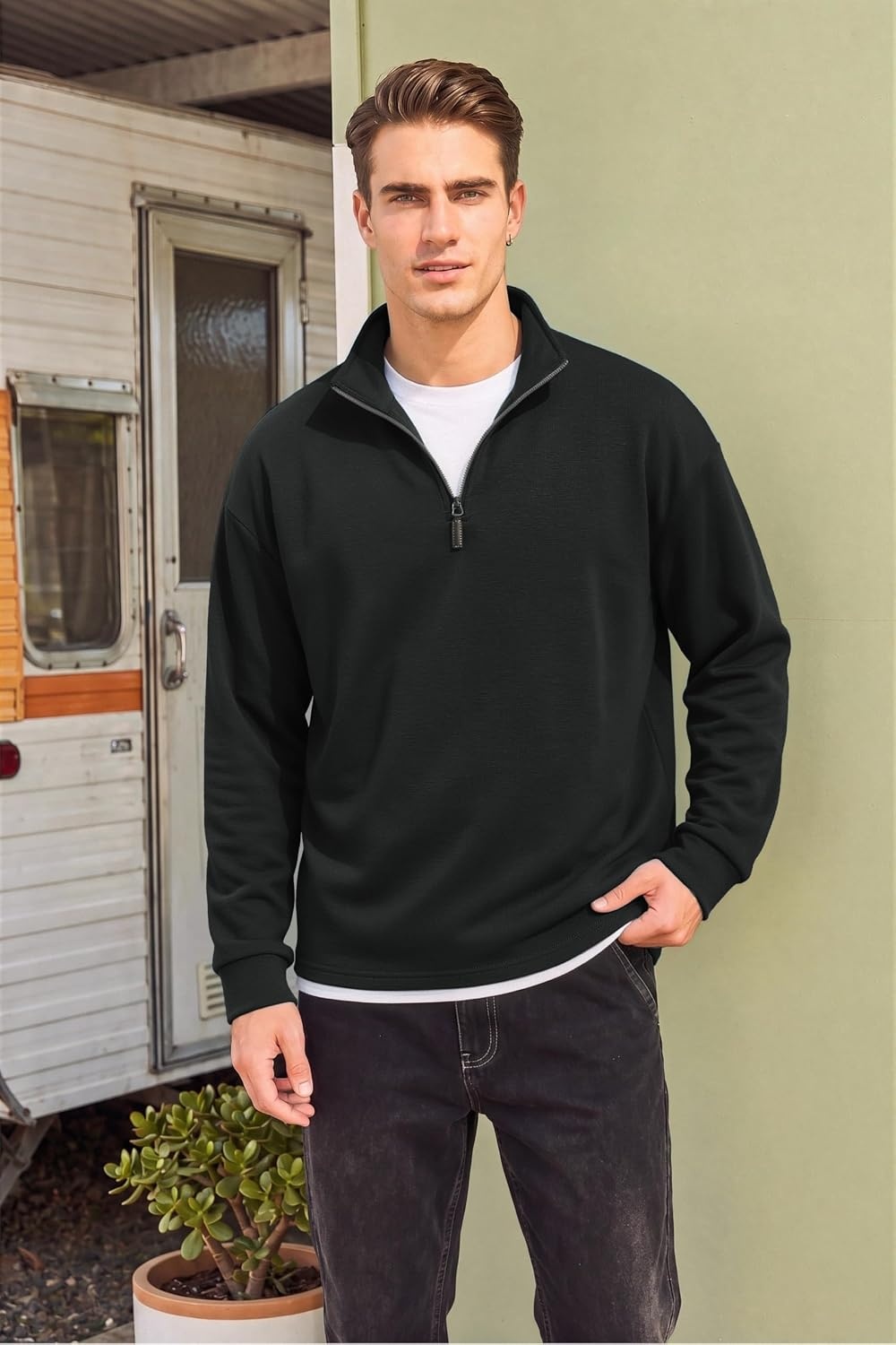 image:imageCOOFANDY Mens Quarter Zip Pullover FleeceLined Mock Neck Sweatshirt Casual Adjustable 14 Zip Mock Neck Long Sleeve Solid Color Breathable Warm Layering Friendly Ideal For Golf Daily WearAll Black