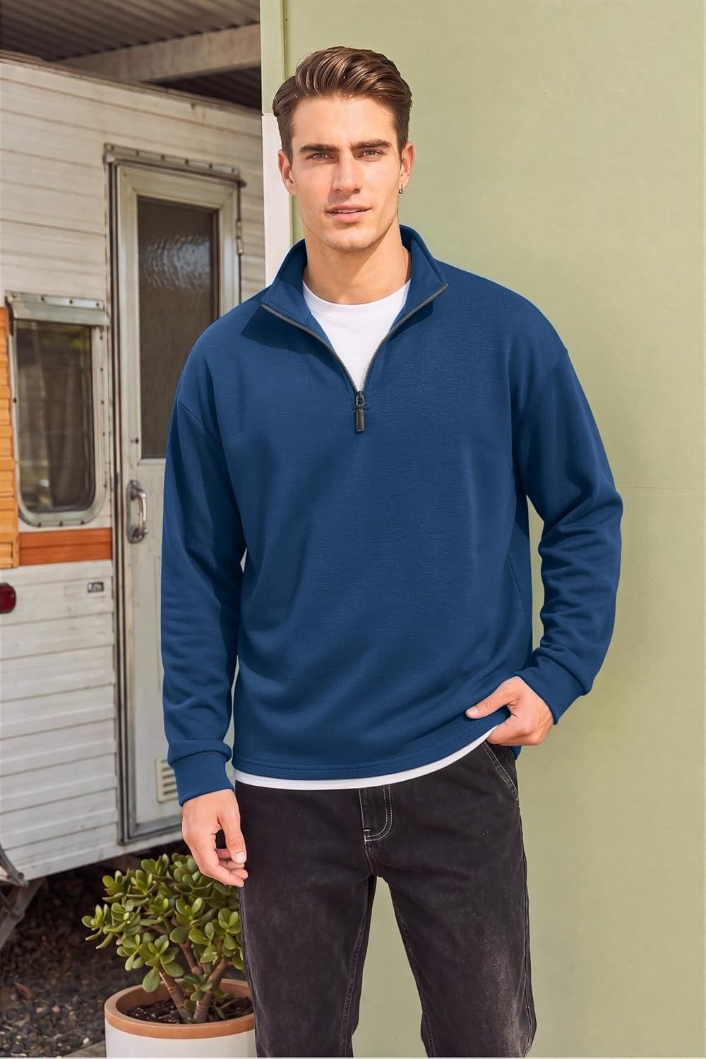 image:imageCOOFANDY Mens Quarter Zip Pullover FleeceLined Mock Neck Sweatshirt Casual Adjustable 14 Zip Mock Neck Long Sleeve Solid Color Breathable Warm Layering Friendly Ideal For Golf Daily WearNavy Blue
