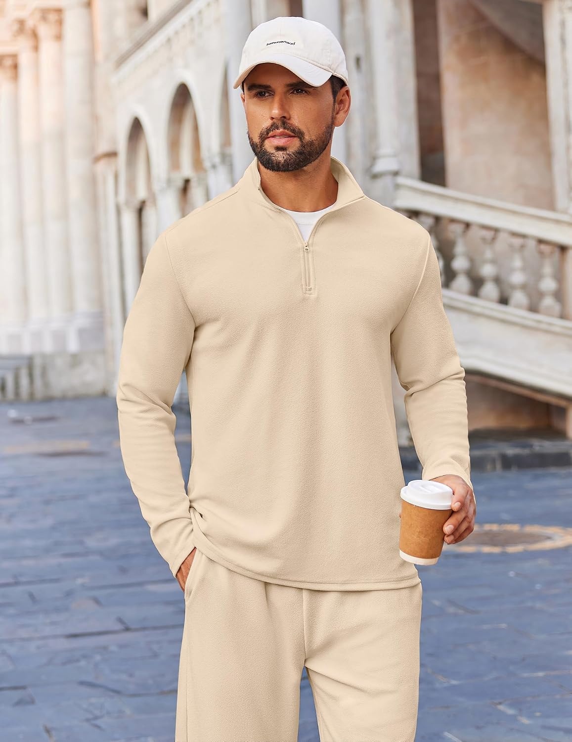 image:imageCOOFANDY Mens Track suit 2 Piece Athletic Sweatsuit Casual Sport Outfit Set Mens Athletic Running Jogging Outfits Antipilling and Soft fabric Flexible and Comfort Doublesided slant PocketsBeige