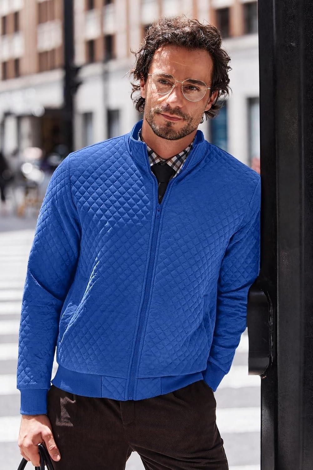image:imageCOOFANDY Mens Zip Up Sweatshirt Mock Neck Quilted Jacket Casual Lightweight Sweater Jackets with PocketRoyal Blue