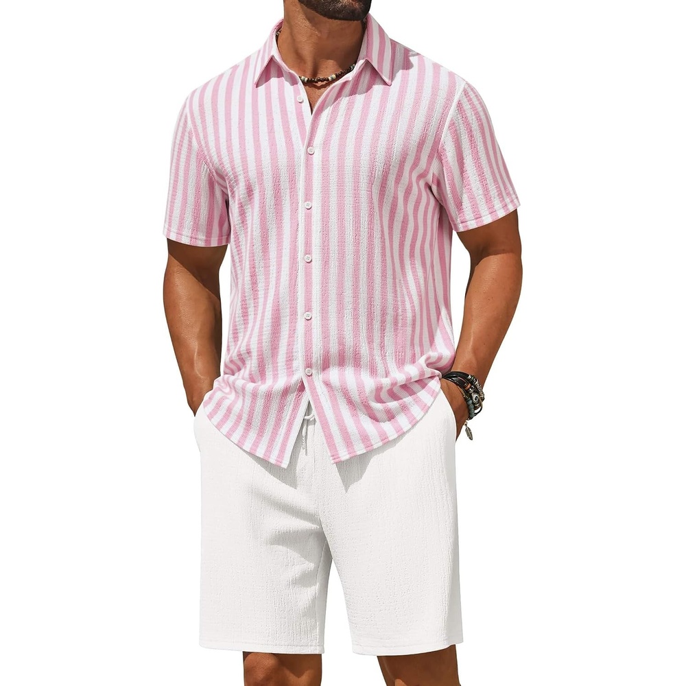 image:imageCOOFANDY Mens 2 Piece Outfit Casual Short Sleeve Button Down Shirt and Beach Shorts Set Summer Vacation Outfits for MenPink White Stripe