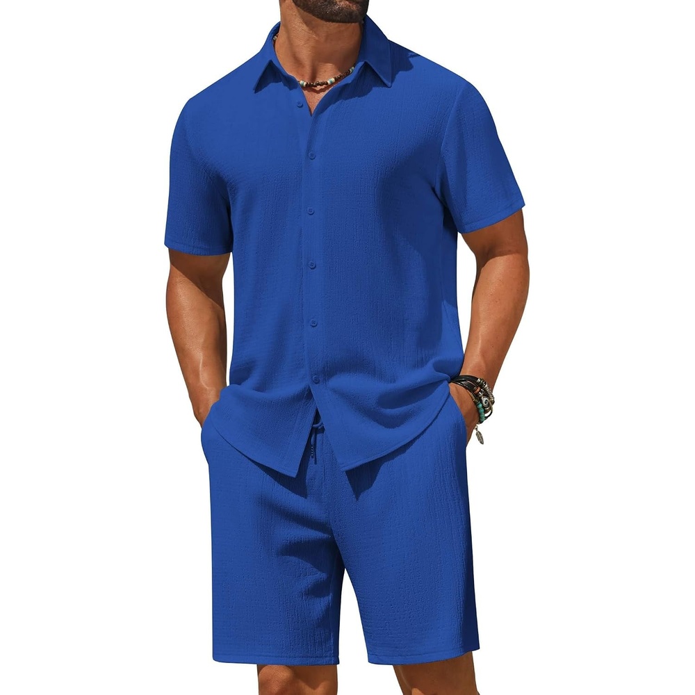 image:imageCOOFANDY Mens 2 Piece Outfit Casual Short Sleeve Button Down Shirt and Beach Shorts Set Summer Vacation Outfits for MenRoyal Blue