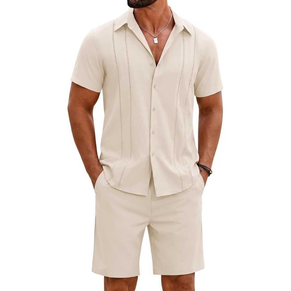 image:imageCOOFANDY Mens 2 Piece Outfits Cuban Guayabera Short Sleeve Shirts and Shorts Summer Beach Vacation SetBeige