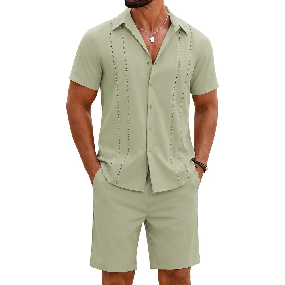 image:imageCOOFANDY Mens 2 Piece Outfits Cuban Guayabera Short Sleeve Shirts and Shorts Summer Beach Vacation SetLight Green