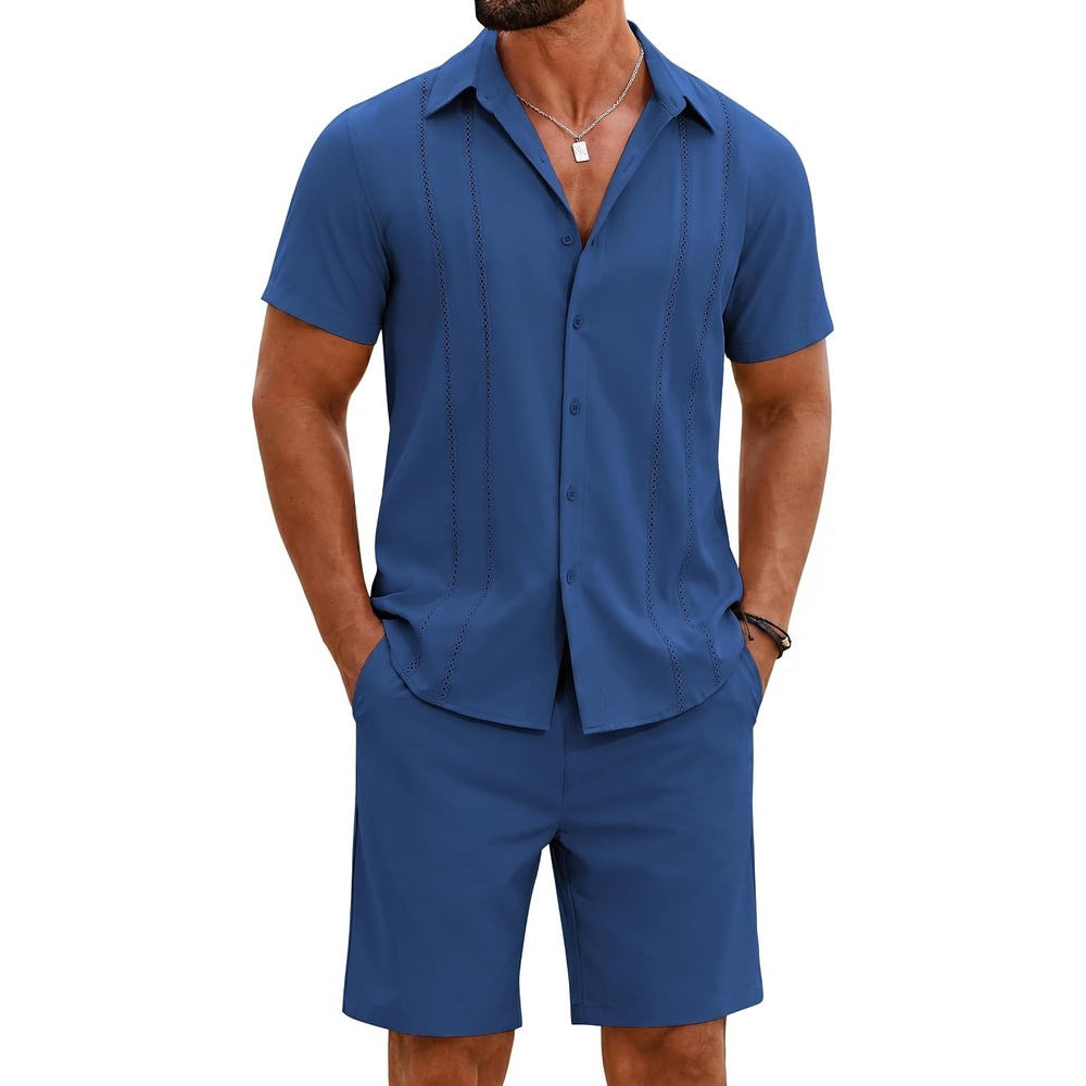 image:imageCOOFANDY Mens 2 Piece Outfits Cuban Guayabera Short Sleeve Shirts and Shorts Summer Beach Vacation SetRoyal Blue