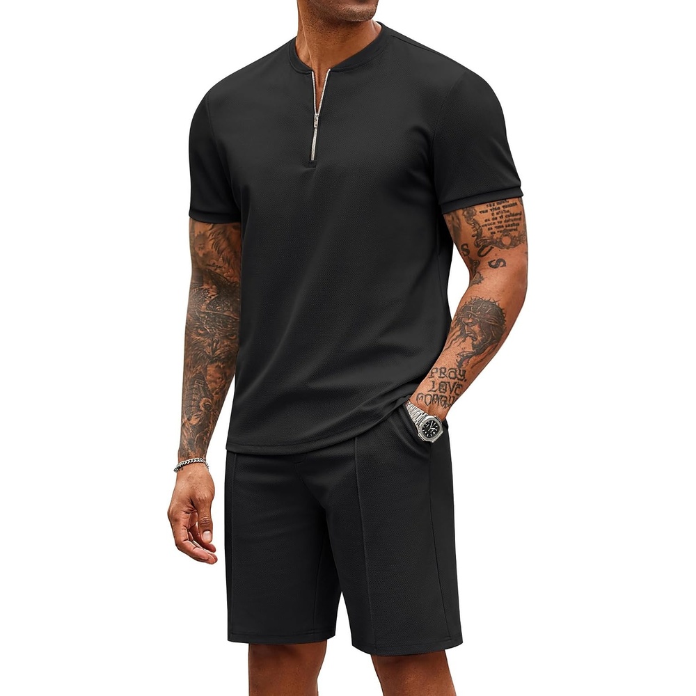 image:imageCOOFANDY Mens 2 Piece Set Short Sleeve Polo Shirt and Shorts Summer Suits  Short Sleeve 14 Zip Polo Top Drawstring Shorts Pockets Sportwear Casual Fashion Vacation Beach Travel Streetwear01black