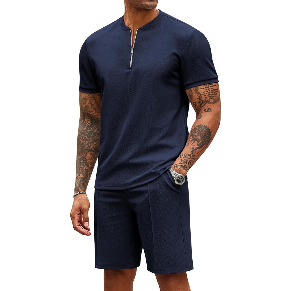 image:imageCOOFANDY Mens 2 Piece Set Short Sleeve Polo Shirt and Shorts Summer Suits Short Sleeve 14 Zip Polo Top Drawstring Shorts Pockets Sportwear Casual Fashion Vacation Beach Travel StreetwearNavy Blue