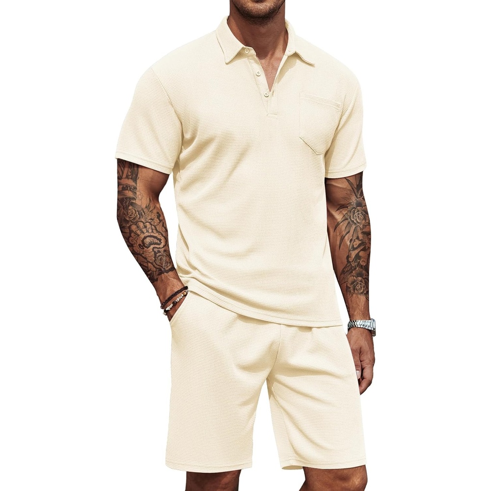 image:imageCOOFANDY Mens 2 Pieces Outfits Waffle Knit Polo Shirt and Shorts Set Short Set Matching Set Clothing Sets Casual Athletic Jogging Summer Tracksuit with Pockets Vacation OutfitsBeige