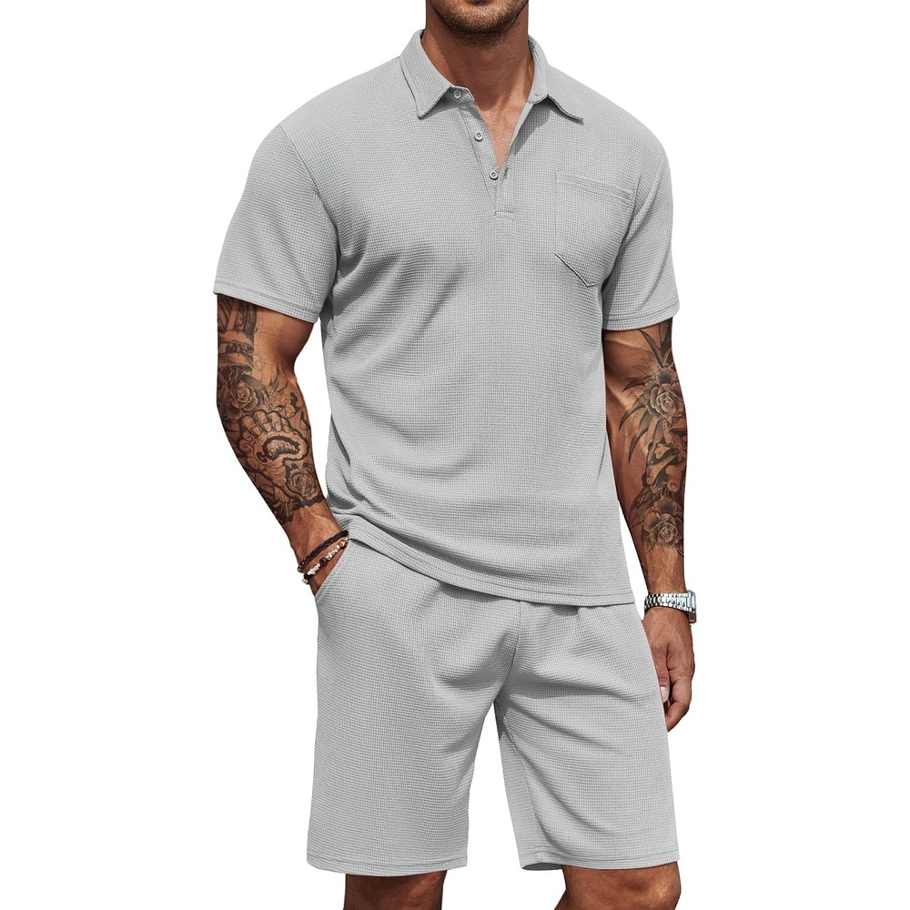 image:imageCOOFANDY Mens 2 Pieces Outfits Waffle Knit Polo Shirt and Shorts Set Short Set Matching Set Clothing Sets Casual Athletic Jogging Summer Tracksuit with Pockets Vacation OutfitsLight Grey