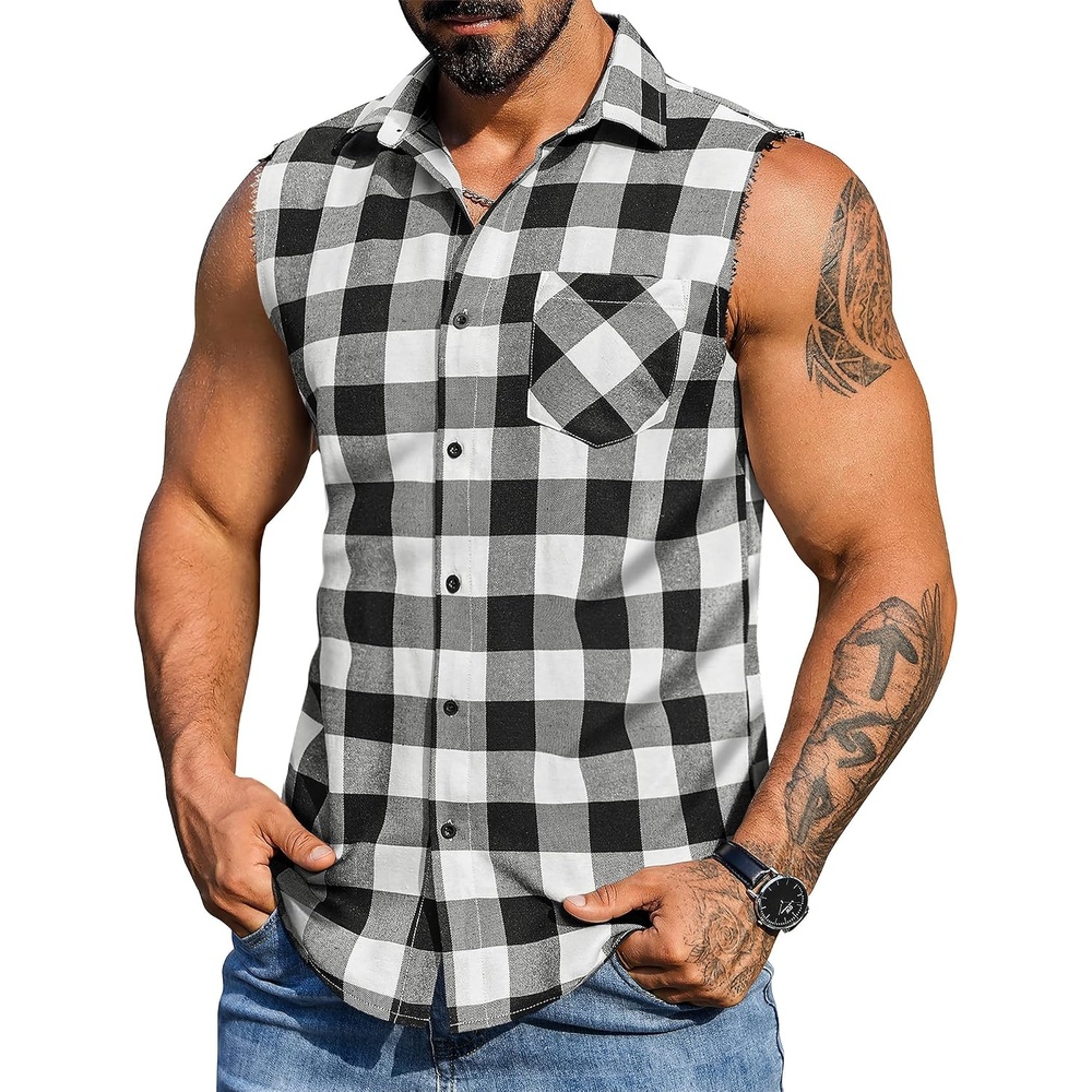 image:imageCOOFANDY Mens Lightweight Sleeveless Flannel Shirt Button Up Plaid Shirts  Raw Edge DesignCasual Summer Beach Tank TopClassic Buffalo Plaidwith Chest Pocketfor Daily WearCowboy CostumePartiesBlack
