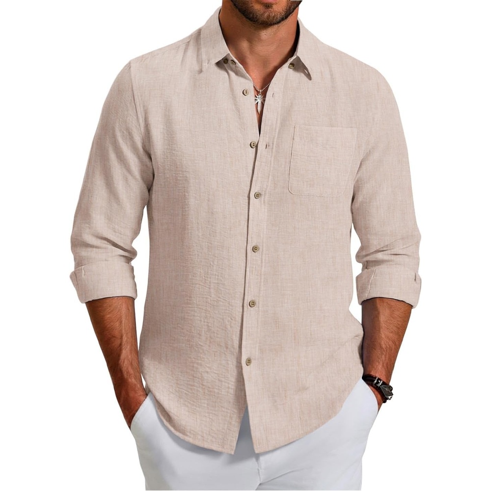 image:imageCOOFANDY Mens Long Sleeve Button Down Shirt Casual Untucked Shirts Summer Beach Wedding Linen Textured ShirtsLight Khaki