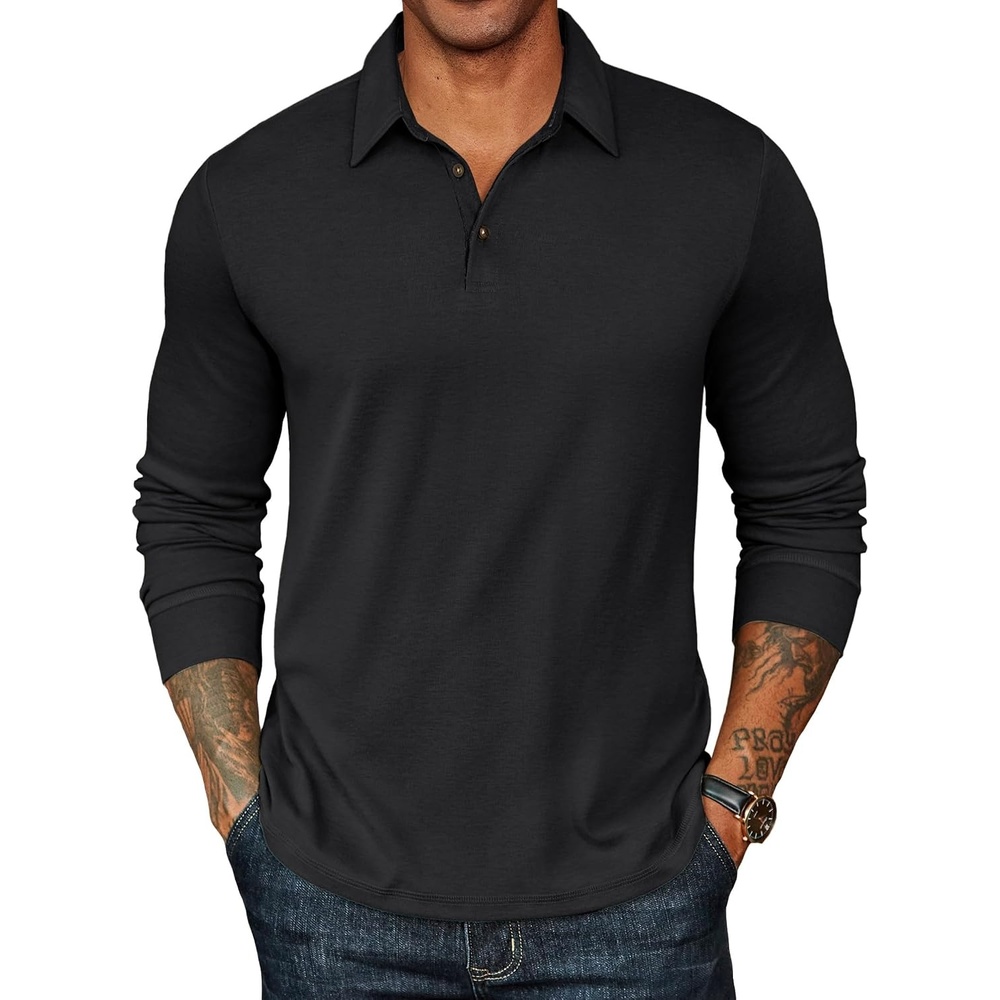 image:imageCOOFANDY Mens Long Sleeve Polo Shirts Classic CasualButton Collared PoloTee01black