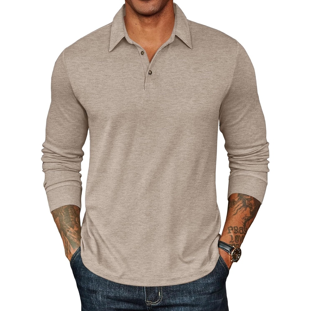 image:imageCOOFANDY Mens Long Sleeve Polo Shirts Classic CasualButton Collared PoloTeeLight Khaki