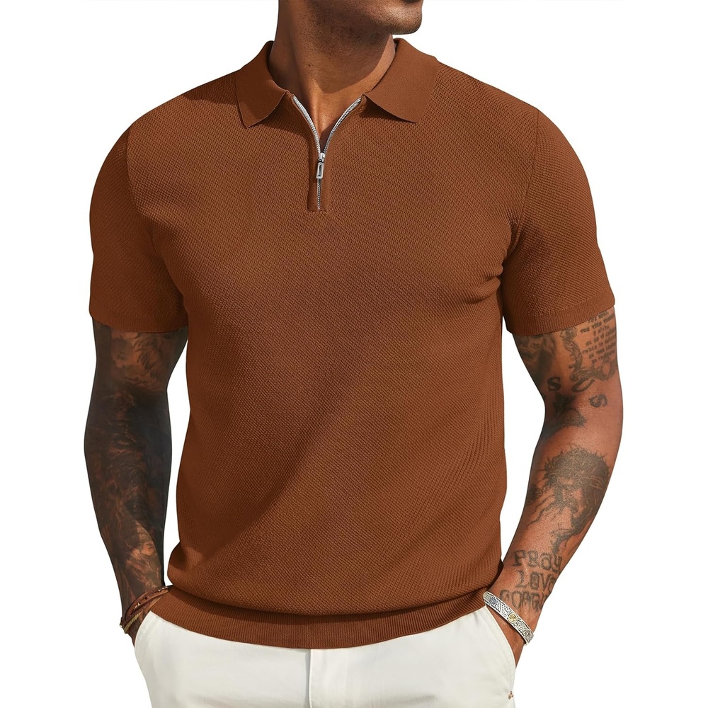 image:imageCOOFANDY Mens Textured Knit Polo Shirts Zipper Polo Shirts Short Sleeve Casual Lightweight Golf ShirtLight Brown