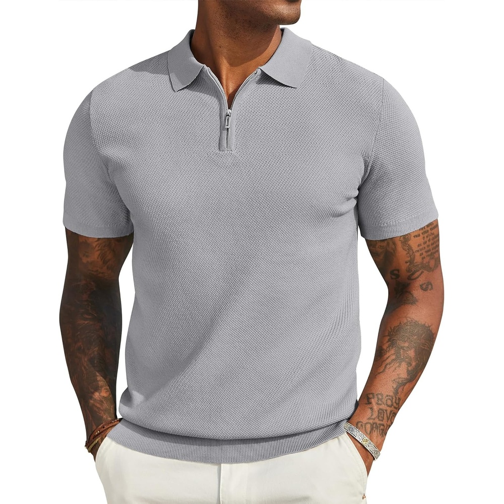 image:imageCOOFANDY Mens Textured Knit Polo Shirts Zipper Polo Shirts Short Sleeve Casual Lightweight Golf ShirtLight Grey