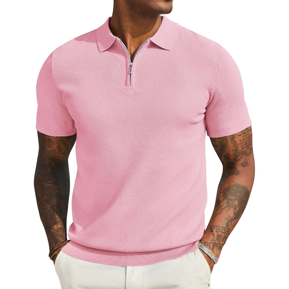 image:imageCOOFANDY Mens Textured Knit Polo Shirts Zipper Polo Shirts Short Sleeve Casual Lightweight Golf ShirtPink