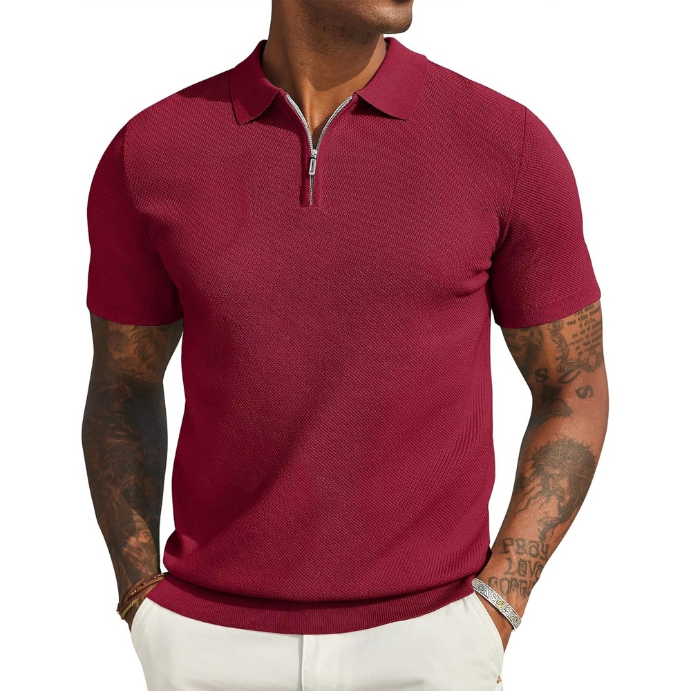 image:imageCOOFANDY Mens Textured Knit Polo Shirts Zipper Polo Shirts Short Sleeve Casual Lightweight Golf ShirtWine Red