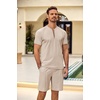 COOFANDY Men’s 2 Piece Set Short Sleeve Polo Shirt and Shorts Summer Suits | Short Sleeve 1/4 Zip Polo Top, Drawstring Shorts, Pockets, Sportwear, Casual, Fashion, Vacation, Beach, Travel, Streetwear(Light Khaki)