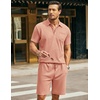 COOFANDY Men’s 2 Pieces Outfits Waffle Knit Polo Shirt and Shorts Set | Short Set, Matching Set, Clothing Sets, Casual, Athletic Jogging Summer Tracksuit with Pockets, Vacation, Outfits(Pink)