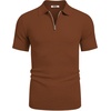 COOFANDY Mens Textured Knit Polo Shirts Zipper Polo Shirts Short Sleeve Casual Lightweight Golf Shirt(Light Brown)