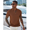 COOFANDY Mens Textured Knit Polo Shirts Zipper Polo Shirts Short Sleeve Casual Lightweight Golf Shirt(Light Brown)